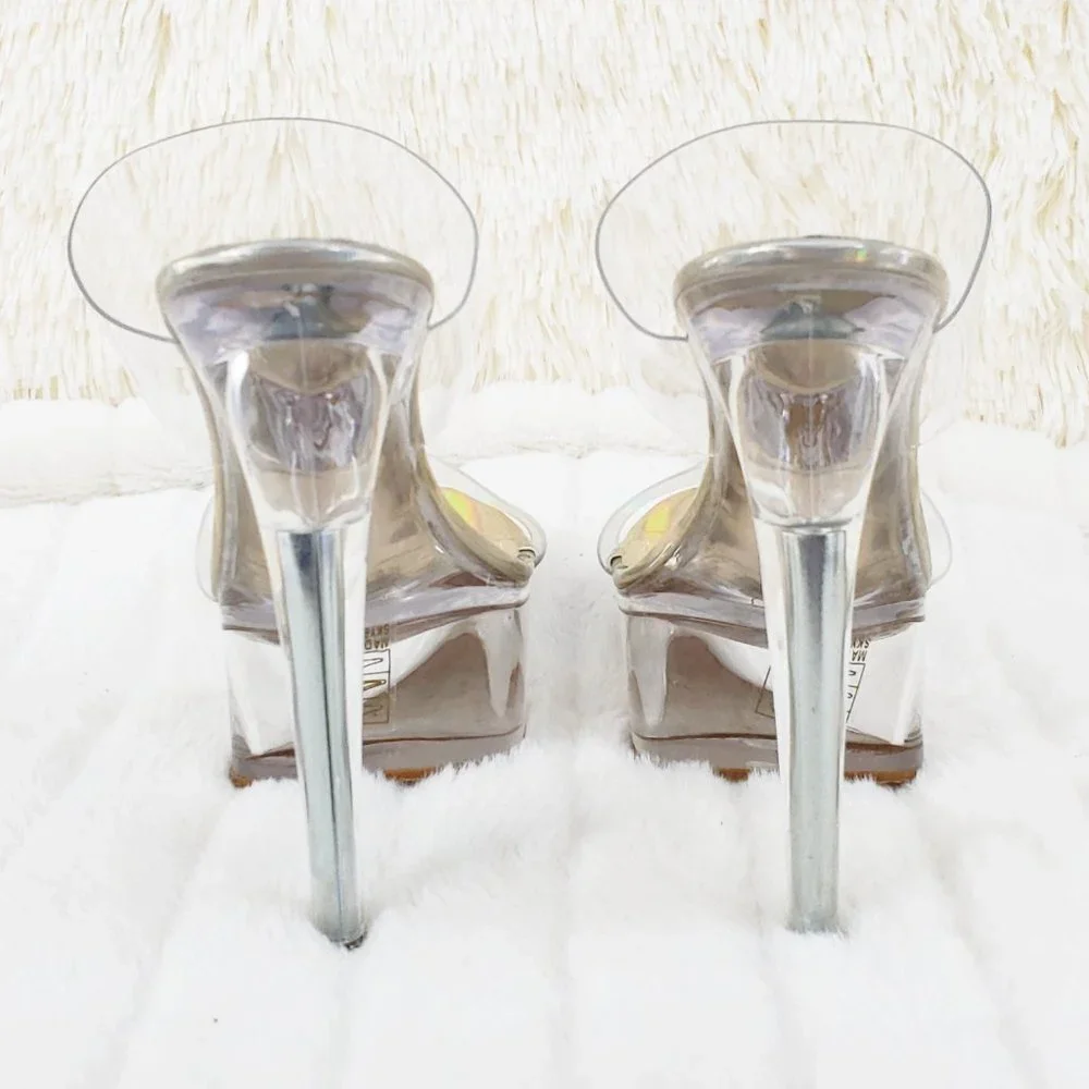 Sky Gold Hologram Clear Double Strap Upper & Platform 6" Heels Slides_9
